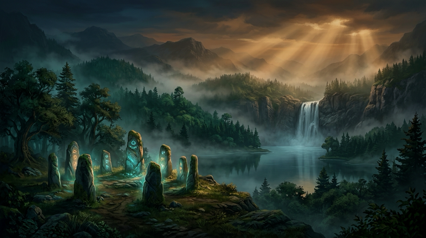 The Verdant Reach — waterfall and Waystone circle